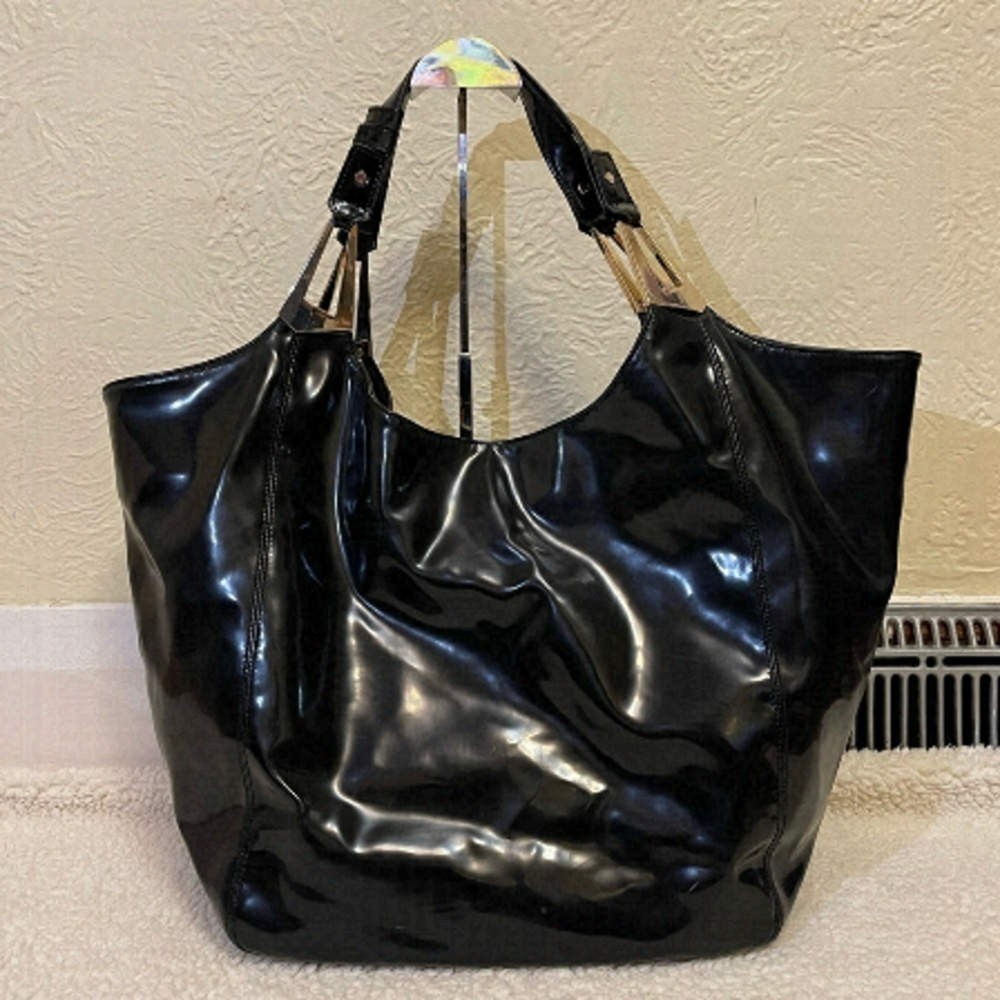 DKNY patent leather large hobo tote bag in black and silver hardware